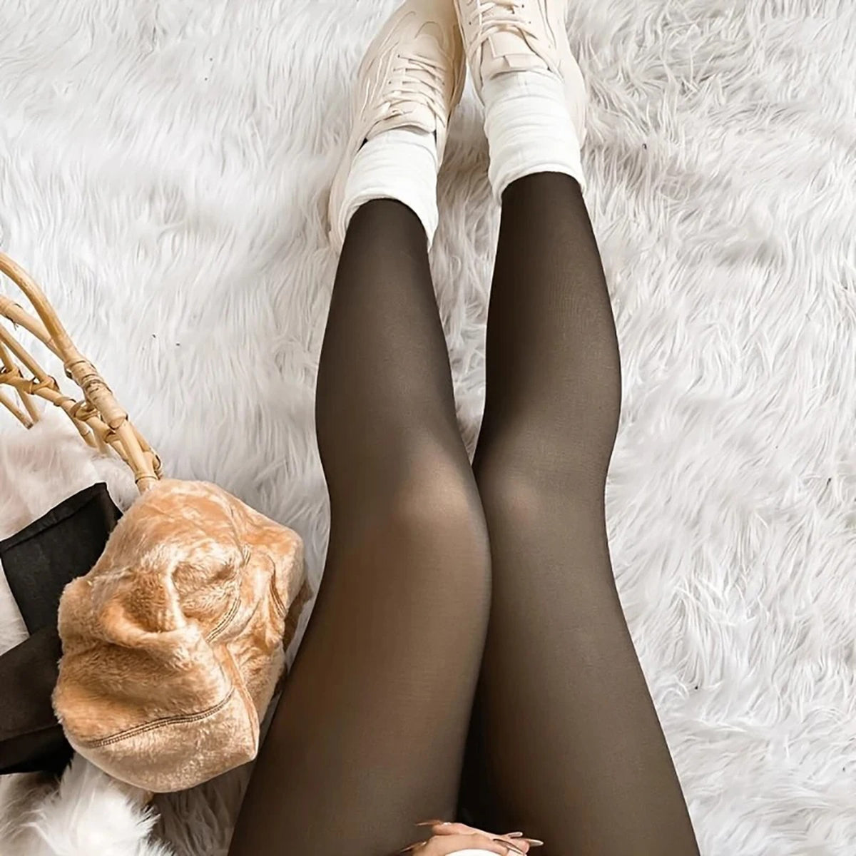 This Fleece Tights worn with sneakers and a fluffy rug