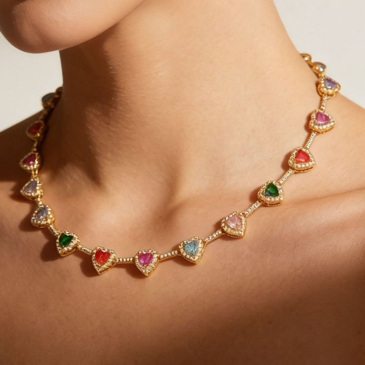 Rainbow Heart Necklace worn on the neckline