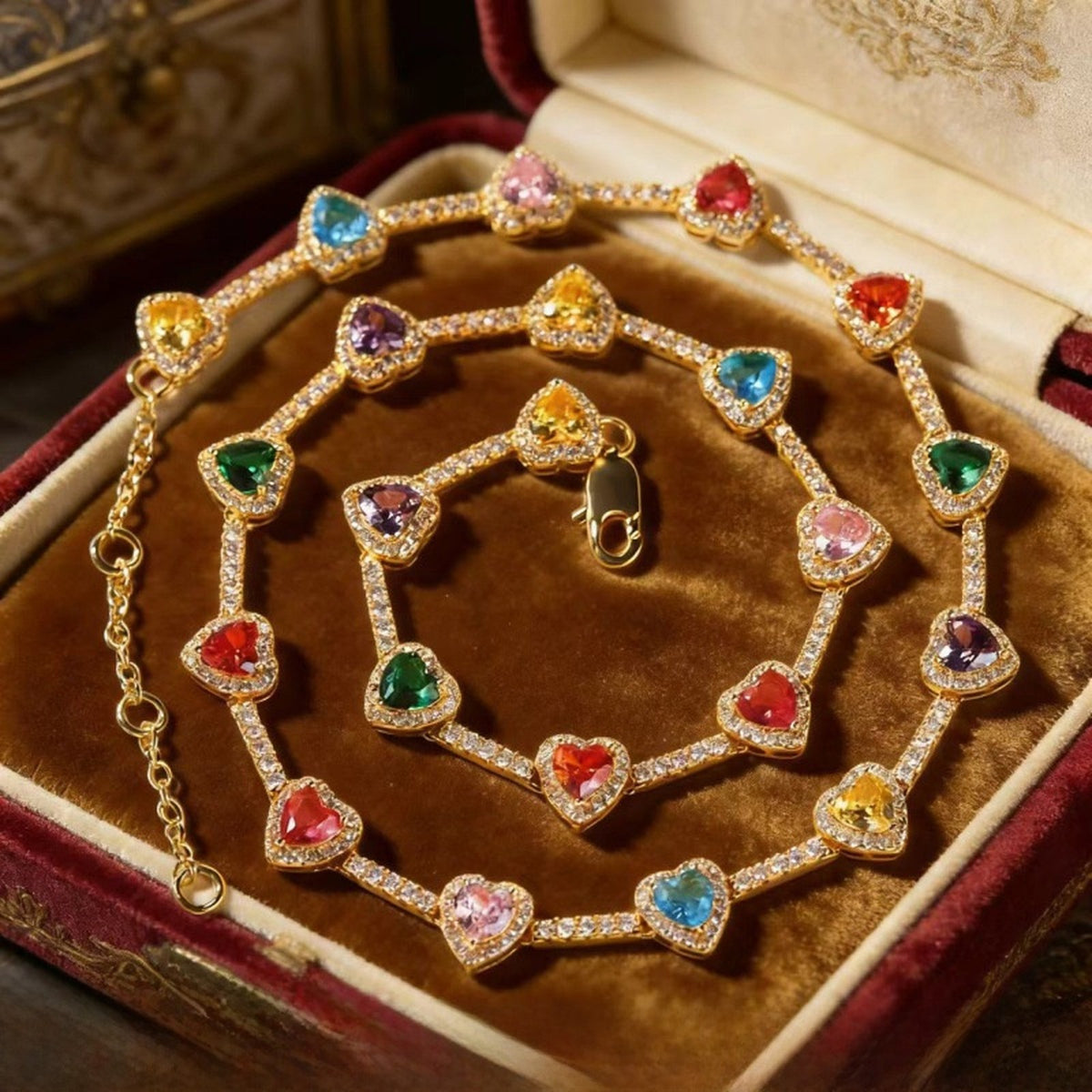 Gold Rainbow Heart Necklace in a velvet box