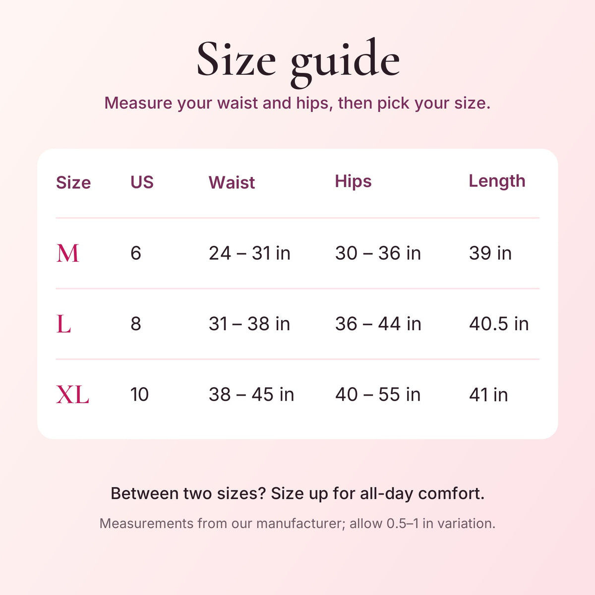 This Fleece Tights size guide, sizes M to XL